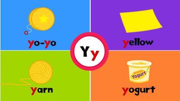 letra y y tarjeta de memoria flash para niños con 4 4 palabras yoyó amarillo hilo yogur vector