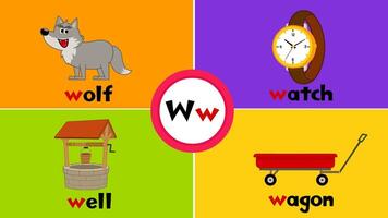 Letter W w Flashcard for kids with 4 words wolf well watch wagon vector