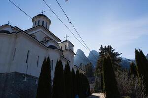 Beautiful forest and mounting view from inside a monastery photo