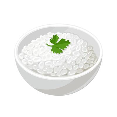 Illustration, shirataki rice in a bowl, also called miracle rice, isolated on white background.
