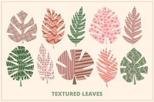 A collection of abstract leaves with different textures, stripes, dots, zigzags. Free hand drawing. design elements. vector