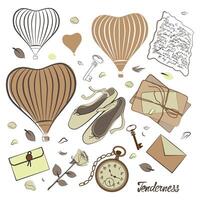 A romantic set with ballet shoes, letters, keys, a rose and rose petals. vector