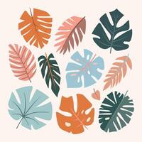 A collection of tropical leaves of irregular abstract shape. Summertime. Green, pink, blue. Hand drawin. For the design of banners, postcards, invitations, patterns vector