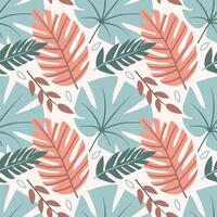 A pattern with tropical leaves. Pink, blue, gray-green pastel colors. For textiles, flyers, postcards. vector