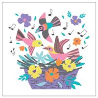 Illustration of a basket, birds and flowers and notes. Spring, summer. Soft pastel colors. For postcards, magazines, websites vector