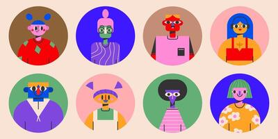 Round portraits of diverse people.Cute funny characters. Cartoon, minimal, abstract contemporary style. Avatar, icon templates. Hand drawn isolated illustrations EPS10. vector