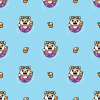 A CUTE SHIBA DOG IS WEARING RUBBER RING AND ORANGE JUICE SEAMLESS PATTERN vector