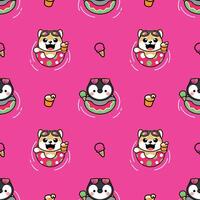 CUTE SHIBA DOG AND PENGUIN SUMMER THEMES SEAMLESS PATTERN vector