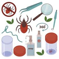 Set of items to pull tick out of skin. Stop ticks sign. Tweezers, magnifying glass, string, jar, soap, antiseptic. Encephalitis, parasite, forbidden circle vector