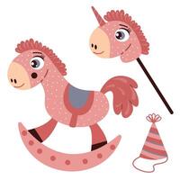 A set of children's toys. Rocking horse, horse on a wooden stick. Cartoon illustration for your design vector