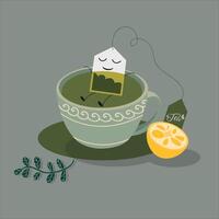 Black tea. a cup of warm tea and a lemon wedge. Tea bags, tea leaves. vector