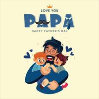 Greeting card design for Father's Day greetings and celebrations. Father with Daughter and Son. Happy and laughing. vector