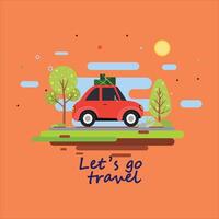 Happy family traveling by car, van. Road trip, travel on summer vacation set. People on a weekend automotive adventure. vector