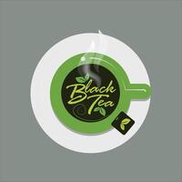 Black tea seen from above. A cup of warm tea and hot steam. Teabag, text. vector