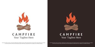 Minimal campfire logo design illustration. Silhouette of firewood fire forest travel adventure camping tent flame hill. Simple flat icon symbol of old vintage classic elements stamp label emblem. vector