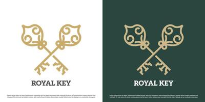 Royal key logo design illustration. Silhouette of the keys object kingdom keyhole treasure jewelry accessories relic. Simple flat symbol minimal old classic vintage luxury elegant geometric glamour. vector