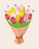 Bouquet of tulips with hearts in a paper bag. vector