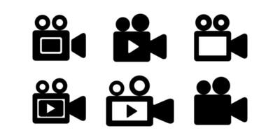 Collection of six black cinema camera icons with various play buttons on white background. vector