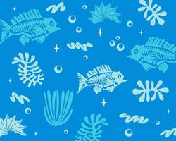 Marine life pattern turquoise background fish, coral illustration art print fabric textile apparel editable vector