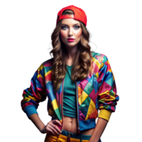 de moda joven mujer posando con vivamente de colores atuendo y rojo gorra png