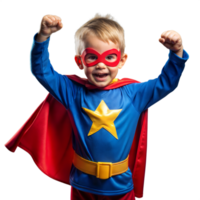 joven chico en rojo máscara y azul superhéroe disfraz celebrando adentro png