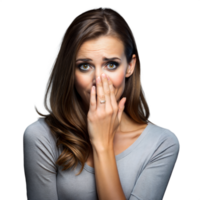 Jeune femme avec surpris expression couvrant sa bouche png