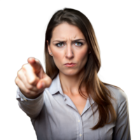 Stern Woman in Business Attire Pointing Forward With Serious Expression png