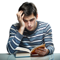 joven hombre concentrando atentamente en leyendo un libro a un escritorio png