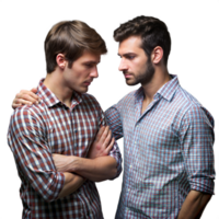 Two Men in Casual Checkered Shirts Standing Close Together in Studio png