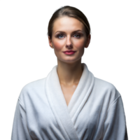 Smiling Woman Wearing White Bathrobe in Front of Transparent Background png