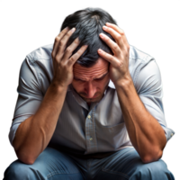 Distressed Man Sitting With Hands on Head in Despair Against Transparent Background png