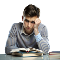 joven hombre en pensativo actitud estudiando un libro de texto a un escritorio png