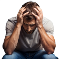 Distressed Man Sitting With Hands on Head Against Translucent Background png