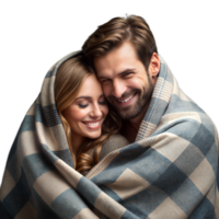 Couple Wrapped in a Checkered Blanket Sharing a Warm Embrace png