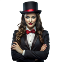 Elegant Woman in Black Tuxedo and Top Hat Posing With Confidence png