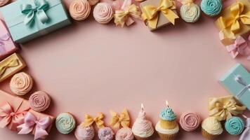 A sweet tableau of pastel-colored delights, featuring an abundance of miniature birthday cakes, flickering candles, and beautifully wrapped gifts, beckoning for your personalized touch. photo