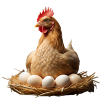 Brown Hen Sitting on Eggs in a Straw Nest on a Transparent Background png