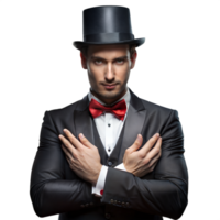 Dapper Magician in Classic Attire With Top Hat and Red Bow Tie png