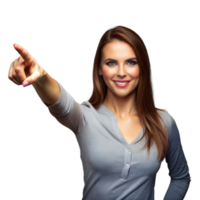 Smiling Woman in Casual Attire Pointing at Something Out of Frame png