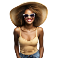 Afro-American Woman Wearing Sunglasses and Straw Hat png