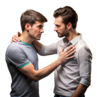 Two Young Men Engaging in a Serious Conversation Indoors During Daytime png