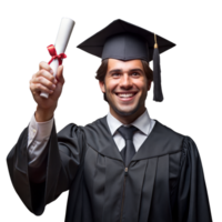 sorridente graduado dentro boné e vestido segurando uma diploma com uma vermelho fita png