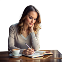 joven mujer en casual atuendo escritura en un cuaderno a un café mesa png