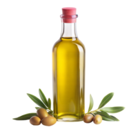 Flaschen- Olive Öl mit frisch Oliven und Grün Blätter auf ein transparent Hintergrund png