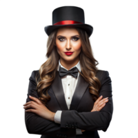 Confident Woman Dressed in a Tuxedo With Top Hat Posing Against a Transparent Background png