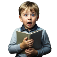 Young Boy With a Shocked Expression While Holding an Open Book png