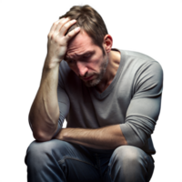 Pensive Man in Gray Shirt Sitting With Hand on Forehead in Studio Setting png