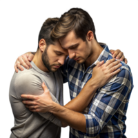 Due uomini nel casuale indossare Abbracciare una persona confortante nel un' supporto abbraccio png
