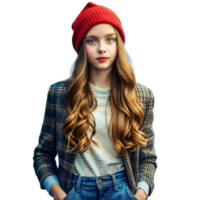 Stylish Young Woman Wearing Red Beanie and Plaid Jacket png