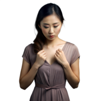 Young Woman in Elegant Brown Dress Looking Down Thoughtfully png